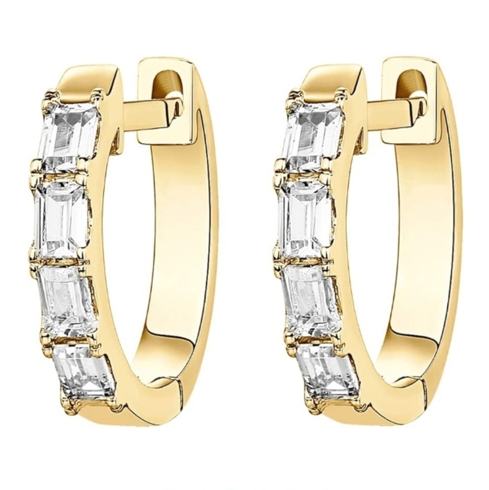 14K Gold Plated Pave CZ Huggie Hoop Baguette Earrings - Picture 2 of 5